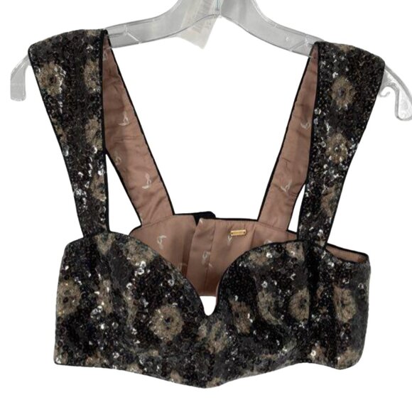 Juan De Dios Black Beige Delirio Floral Sequin Cropped Womens Blouse Top Size 6 - Picture 4 of 4